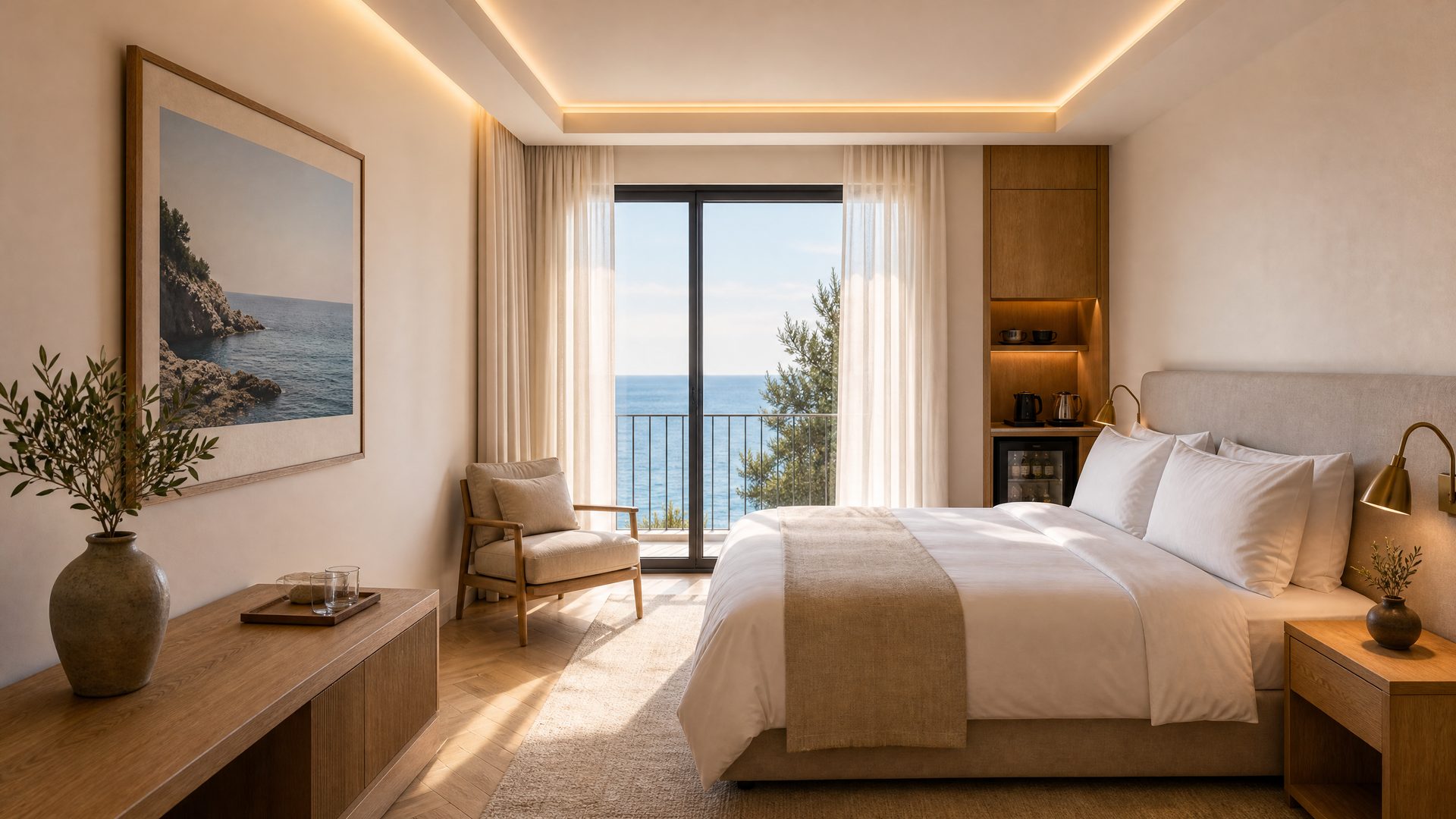 Render — suite bedroom with king bed and sea-view balcony