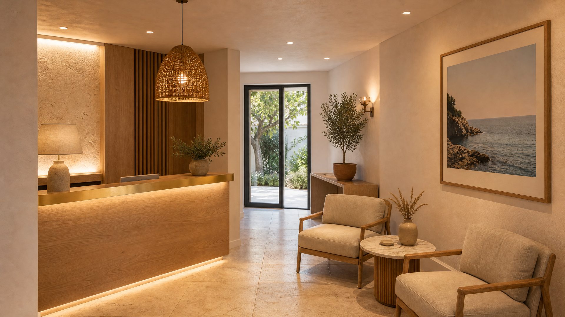 Render — lobby and reception with oak desk and garden view