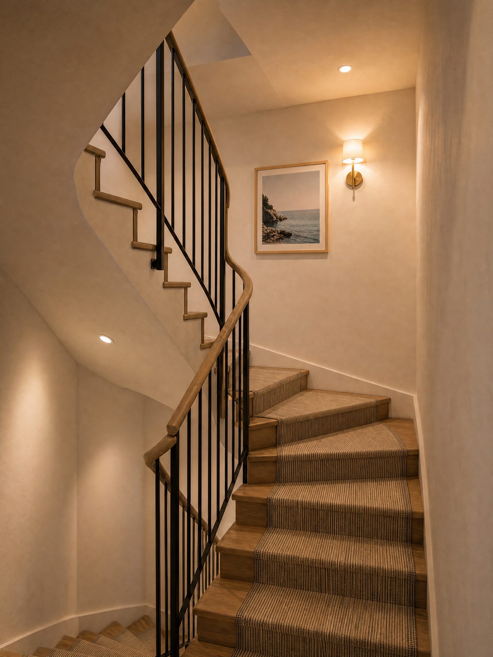 Render — staircase with wrought iron and oak railing
