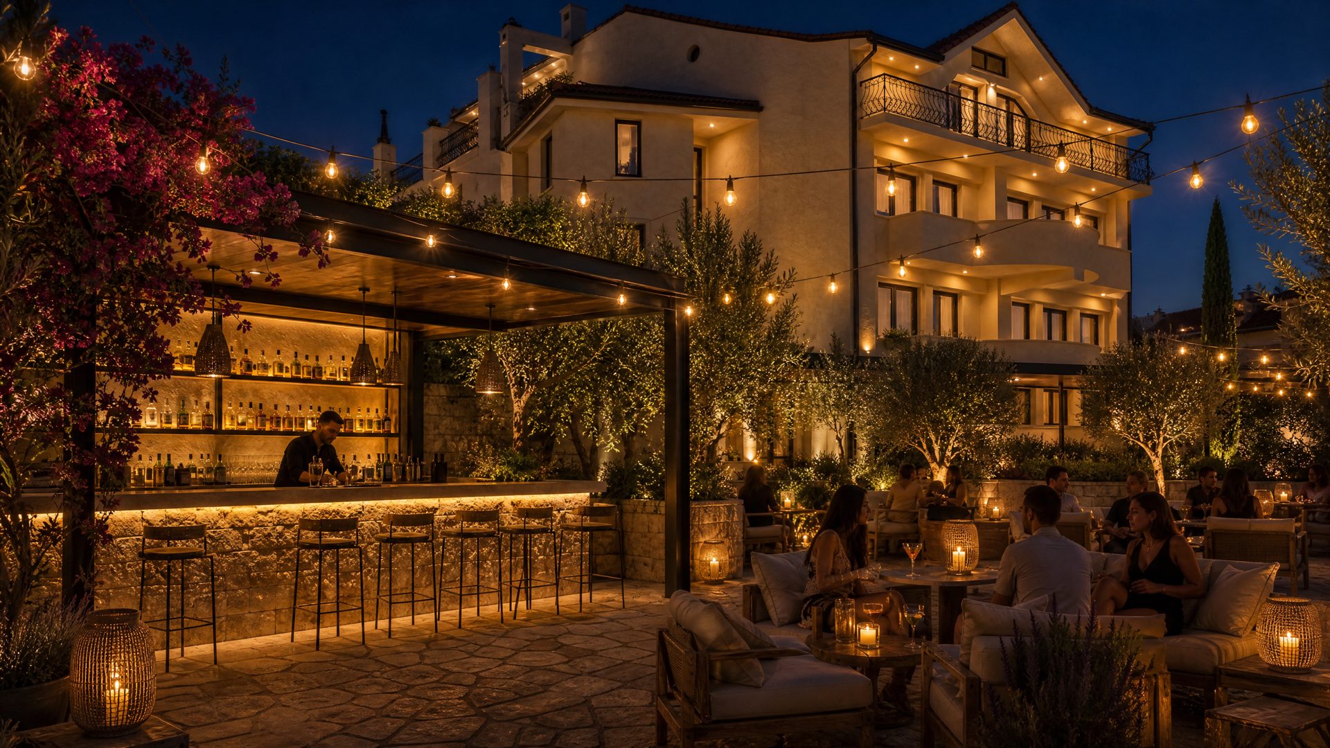 Render — garden annex destination bar in the evening