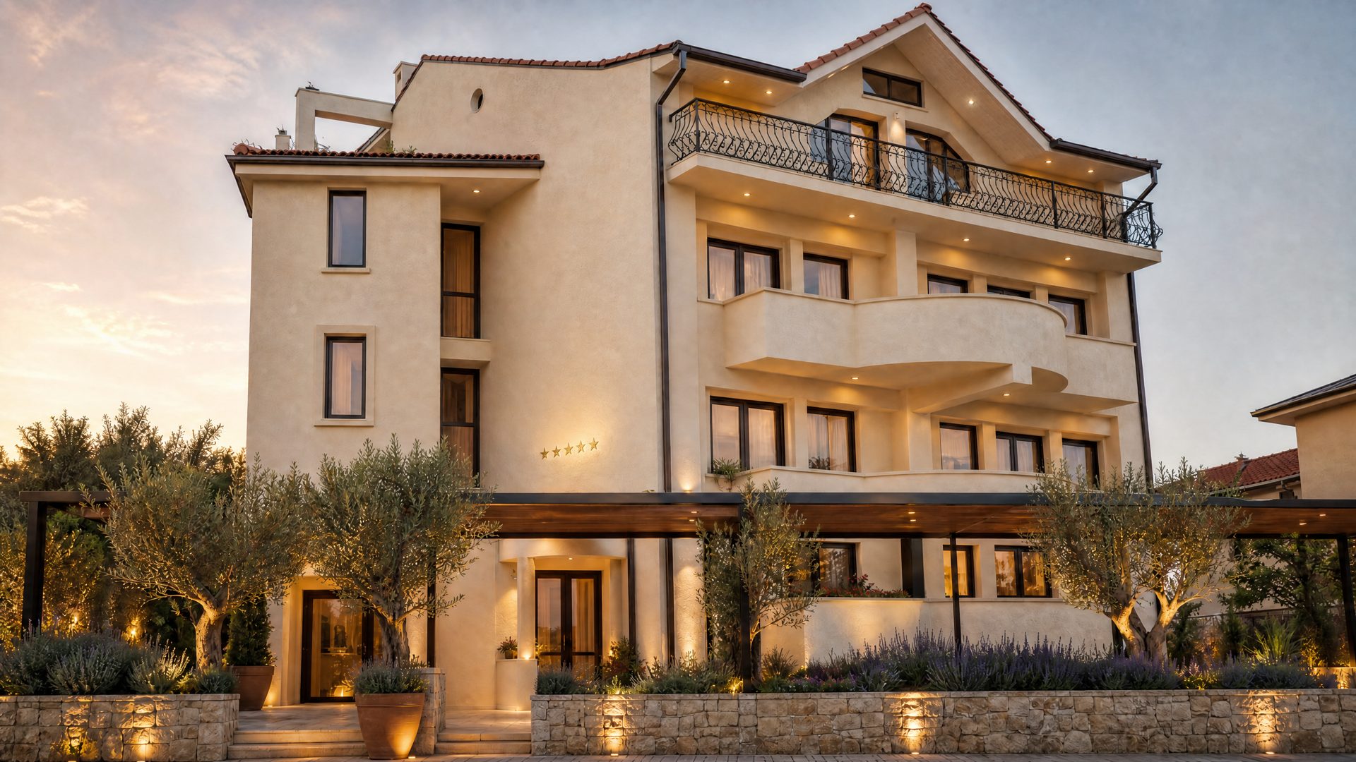 Render — modernised front facade at golden hour